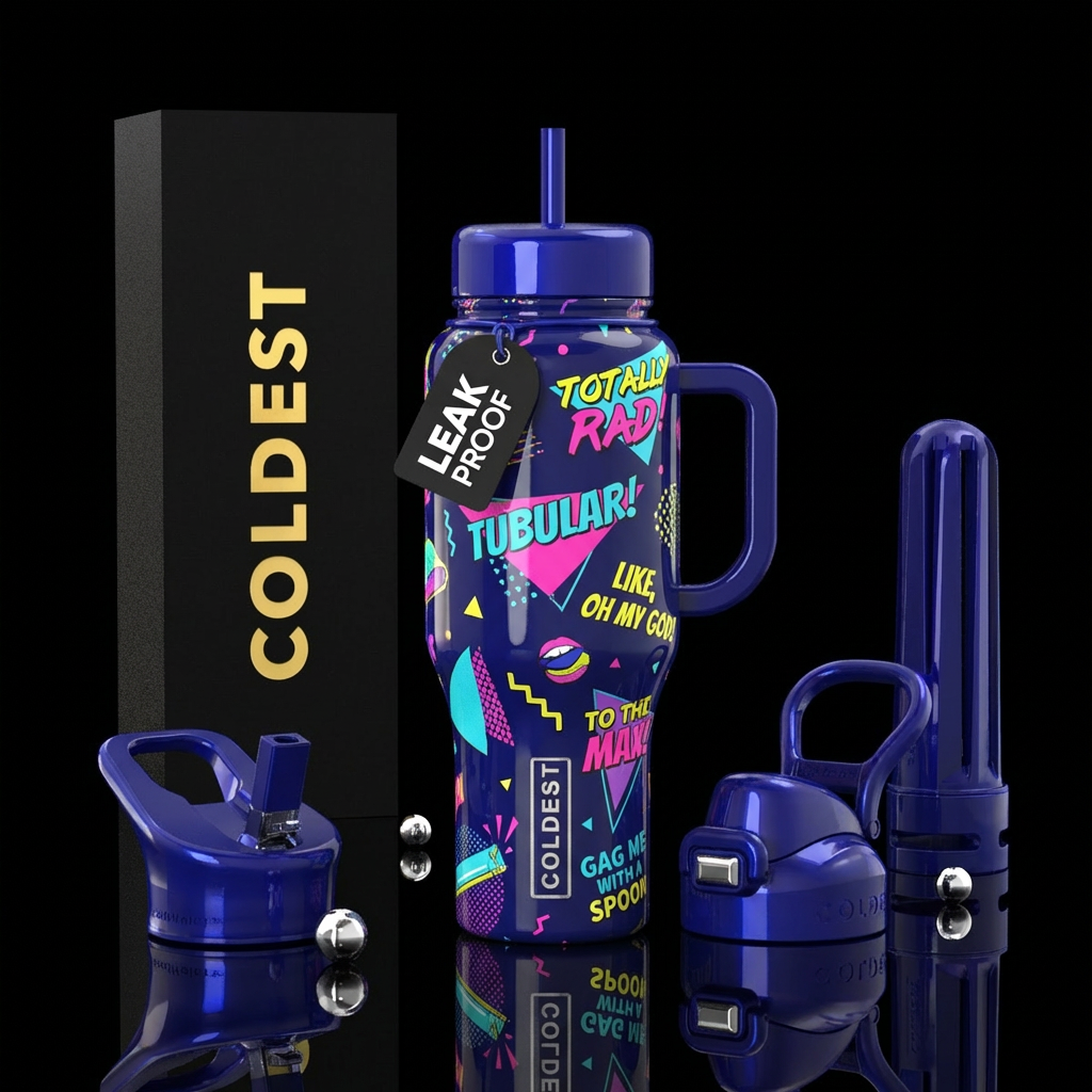80’s vibes with popular 80’s sayings, dark blue ba... water bottle design