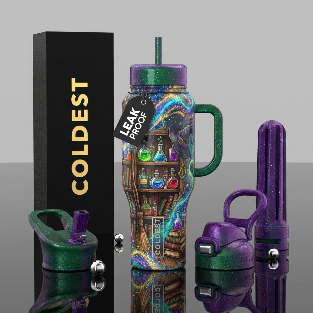 A witches library, potions, books, broom, hat on a... water bottle design