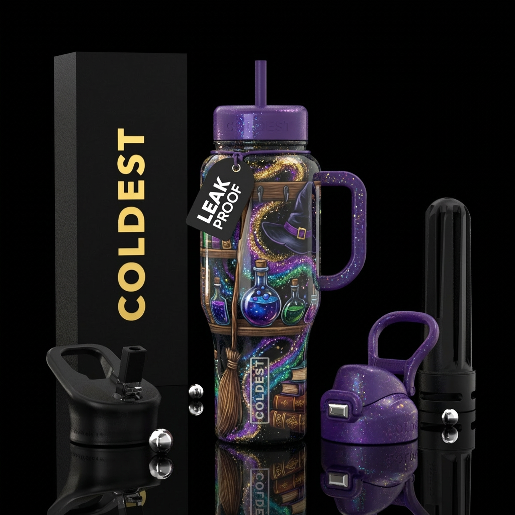A witches library, potions, books, broom, hat on a... water bottle design