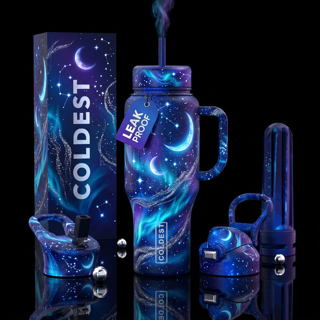 Mystical, magical, crescent moon, stars, aurora, w... water bottle design