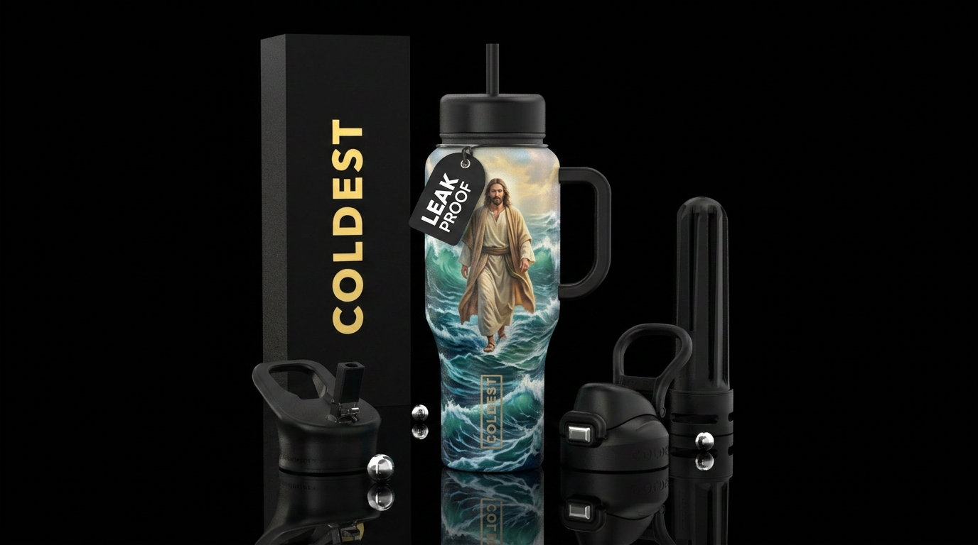 Jesus walking on water water bottle design