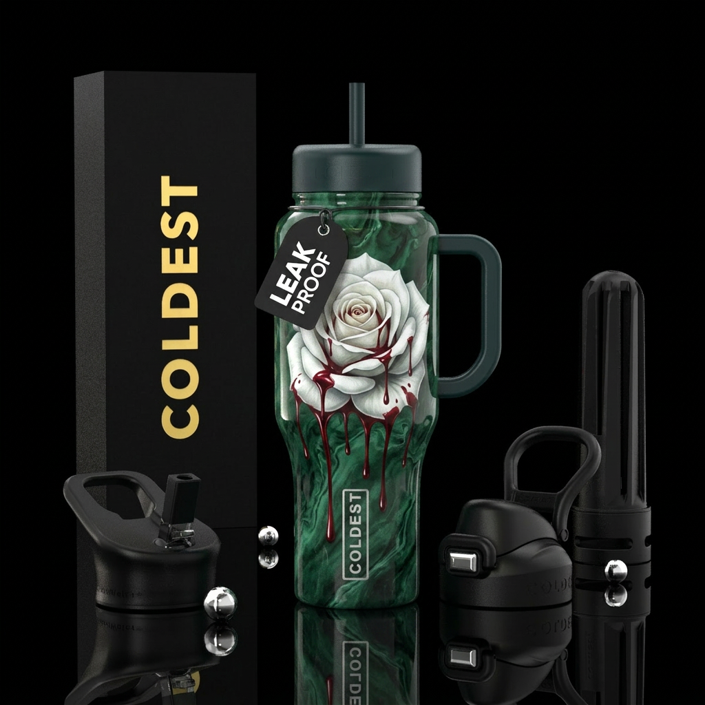 marbled green with a white rose dripping blood water bottle design