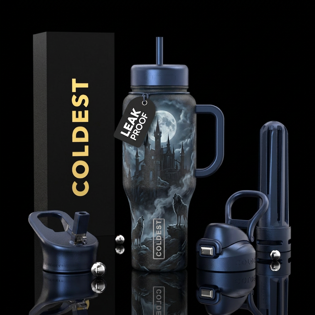 Dark,castle, wolves, smoke,moonlight water bottle design