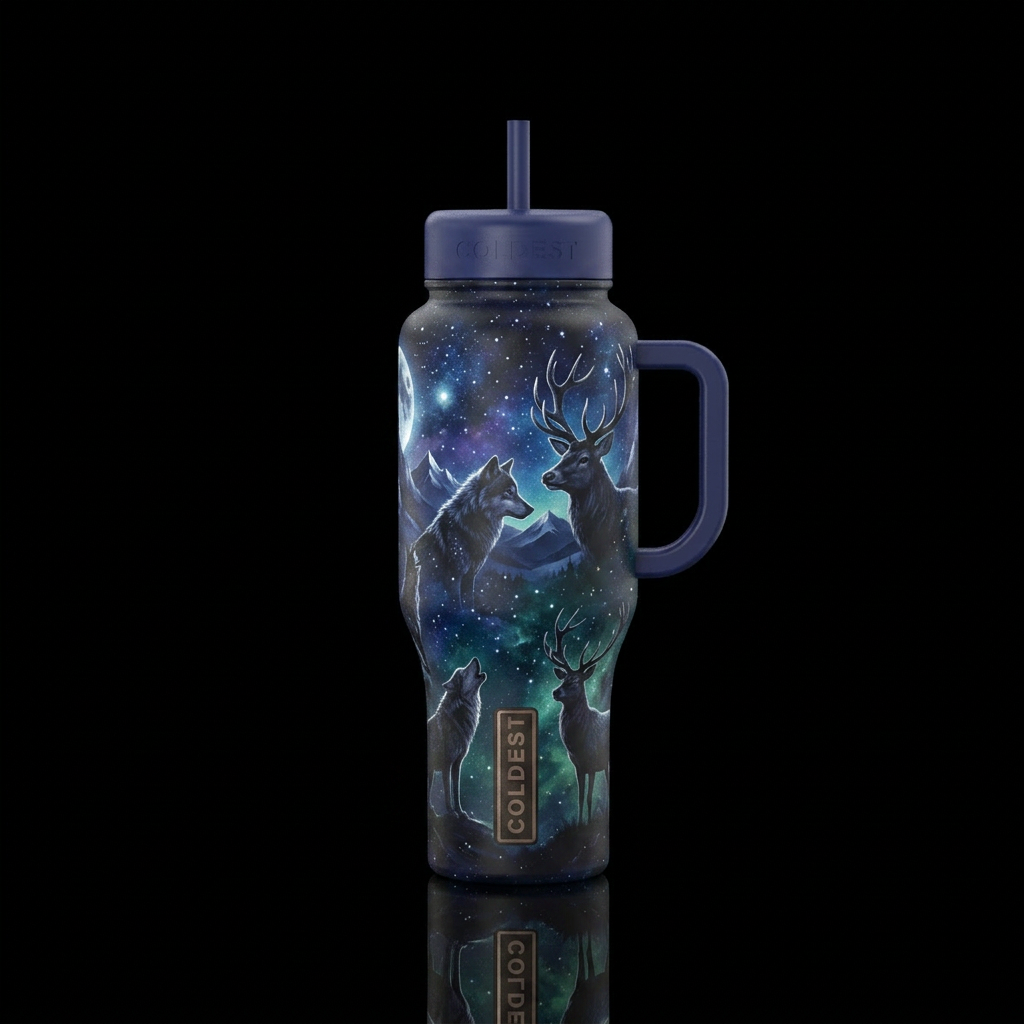 Masculine, night sky, wolves and deer water bottle design