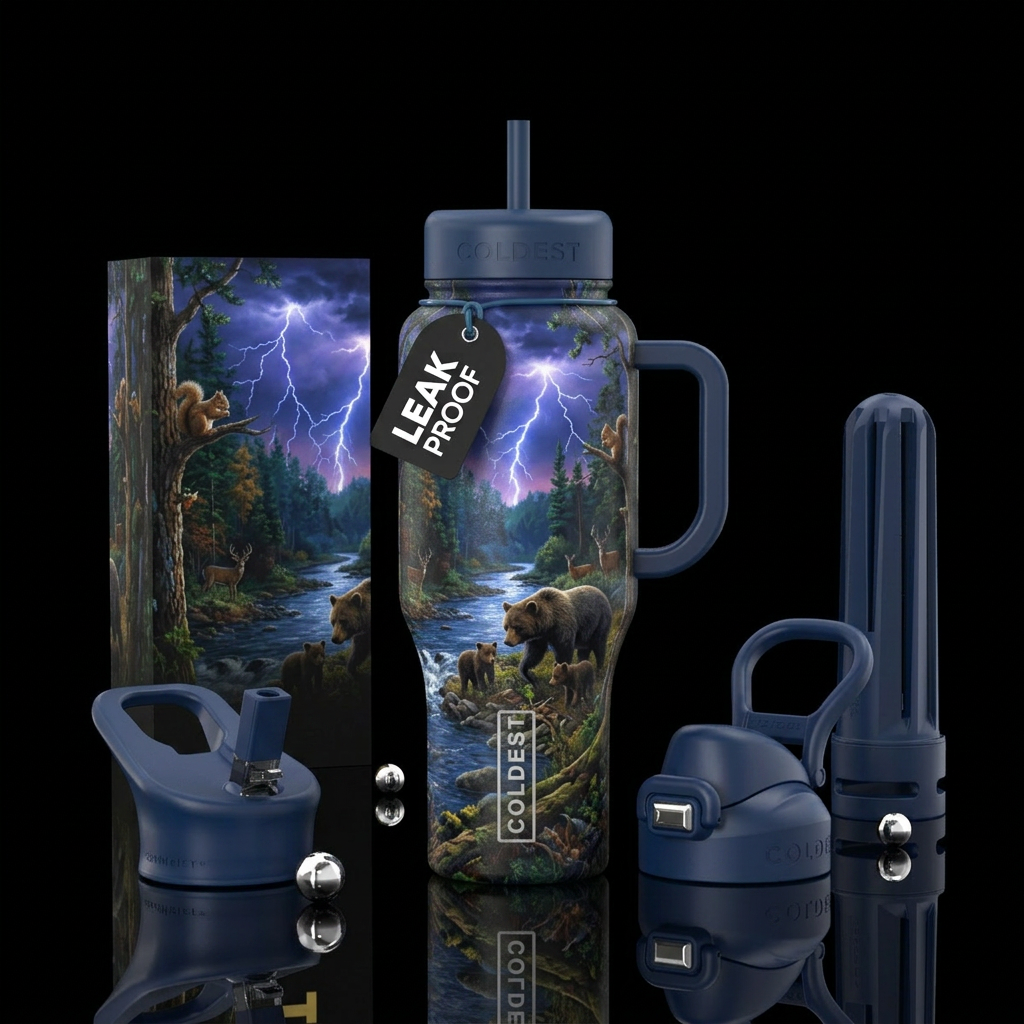 lightning, forest, river, bear and cubs , squirrel... water bottle design