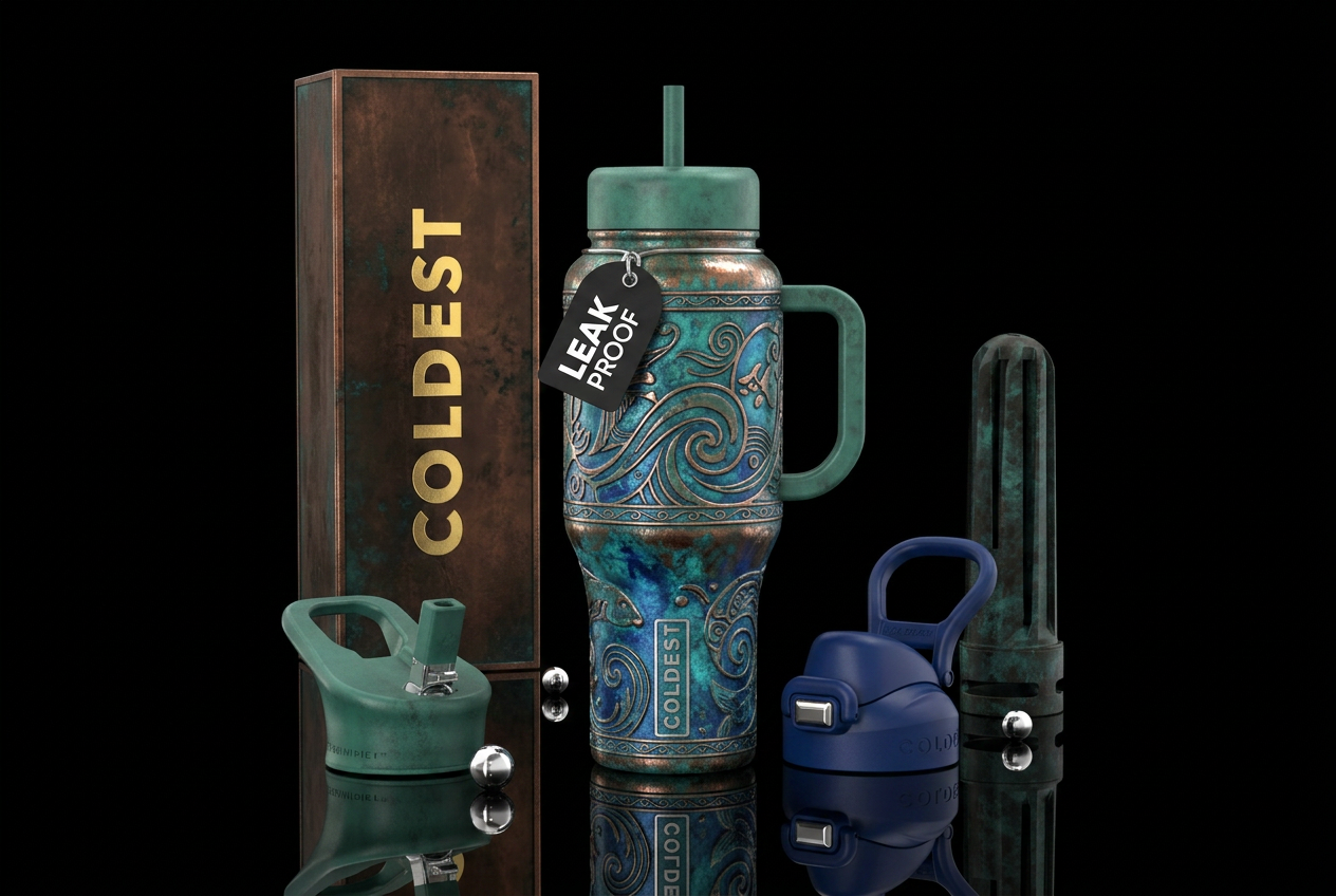 metalwork, copper, rustic, dark mood, ocean, shade... water bottle design