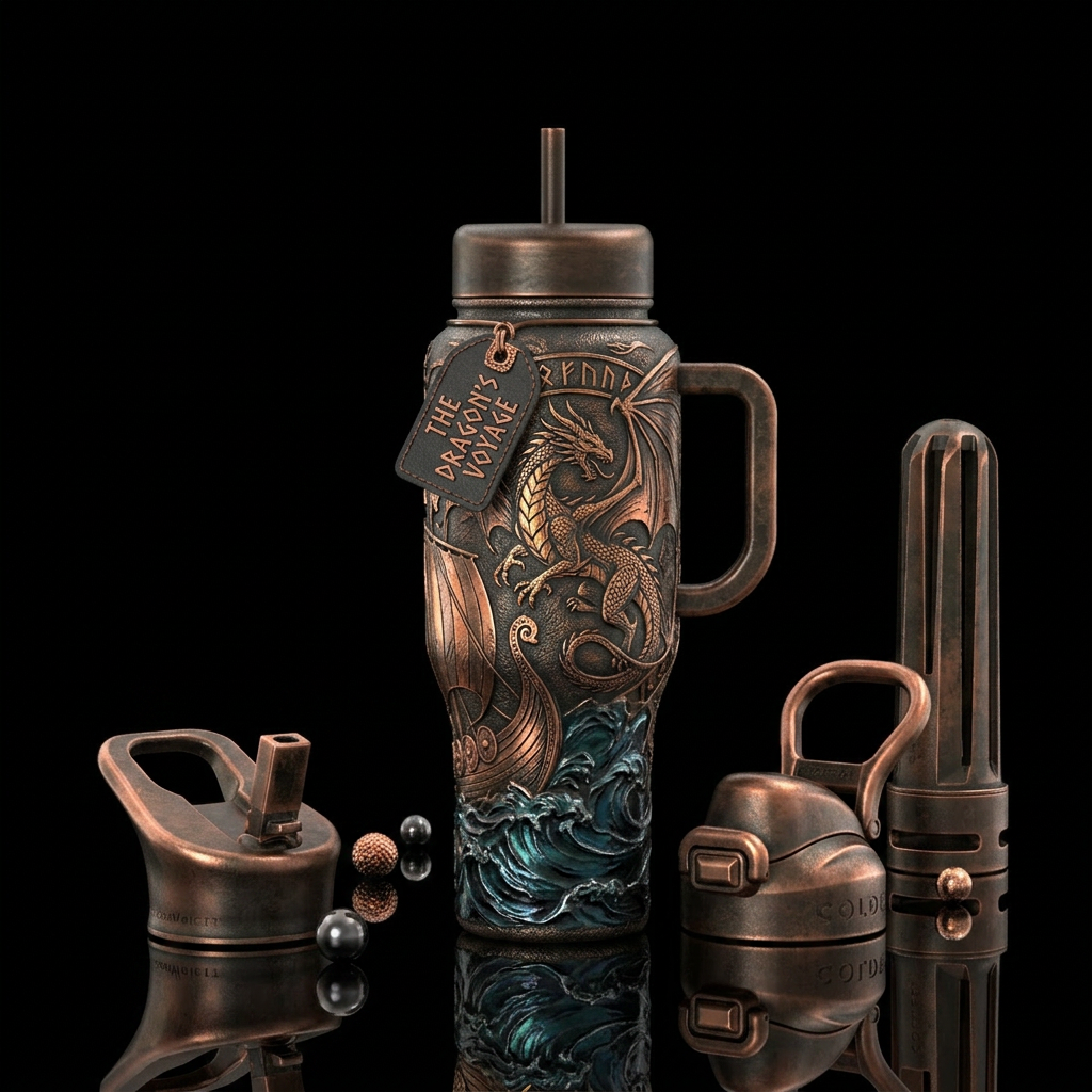 dragon, dark mood, copper, ocean, viking water bottle design