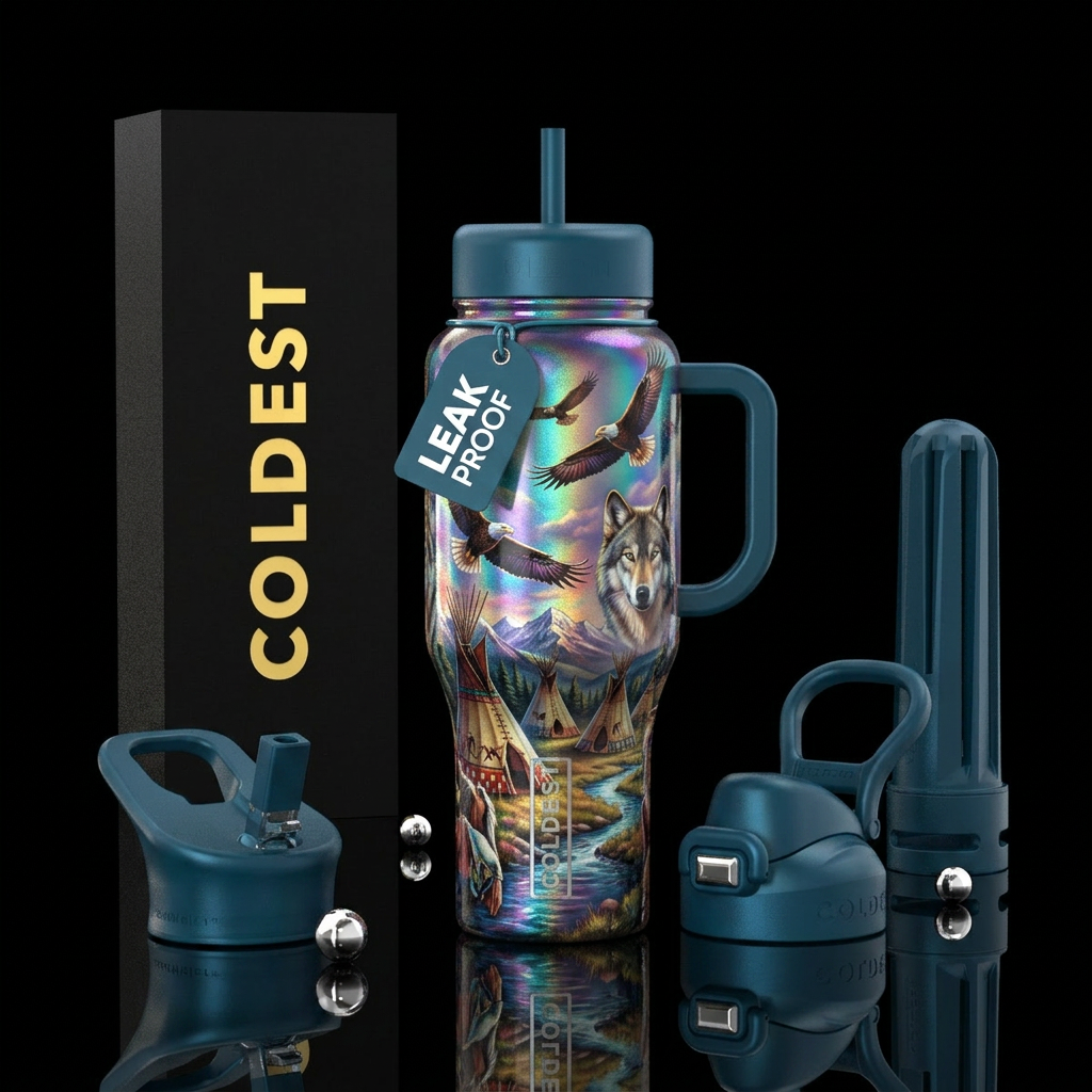 NATIVE AMERICAN INDIAN, EAGLES IN AIR, WOLF, TEE P... water bottle design