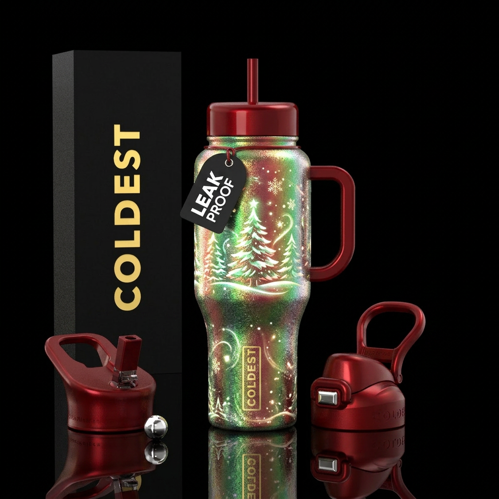 Christmas, green, red, gold, silver, snow, trees, ... water bottle design