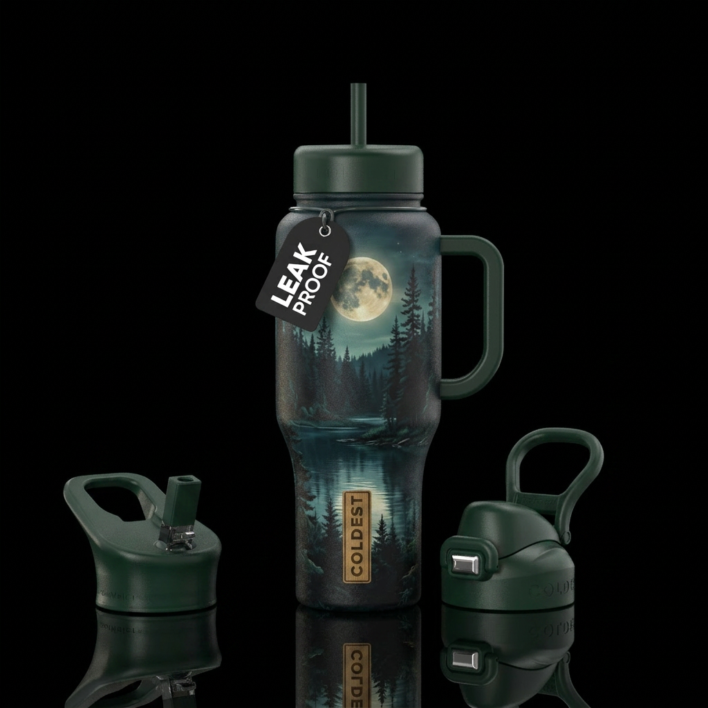Dark wilderness , moon, lake water bottle design