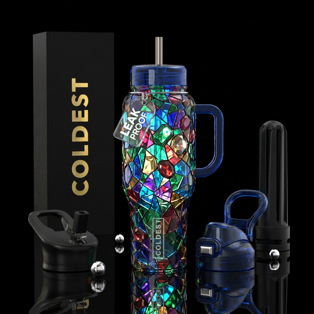 shattered stained glass , sunlight illuminating, g... water bottle design