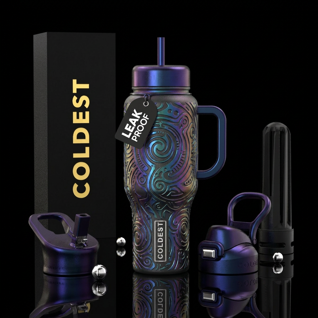 other wordly, etched , glossy, hyperrealistic water bottle design