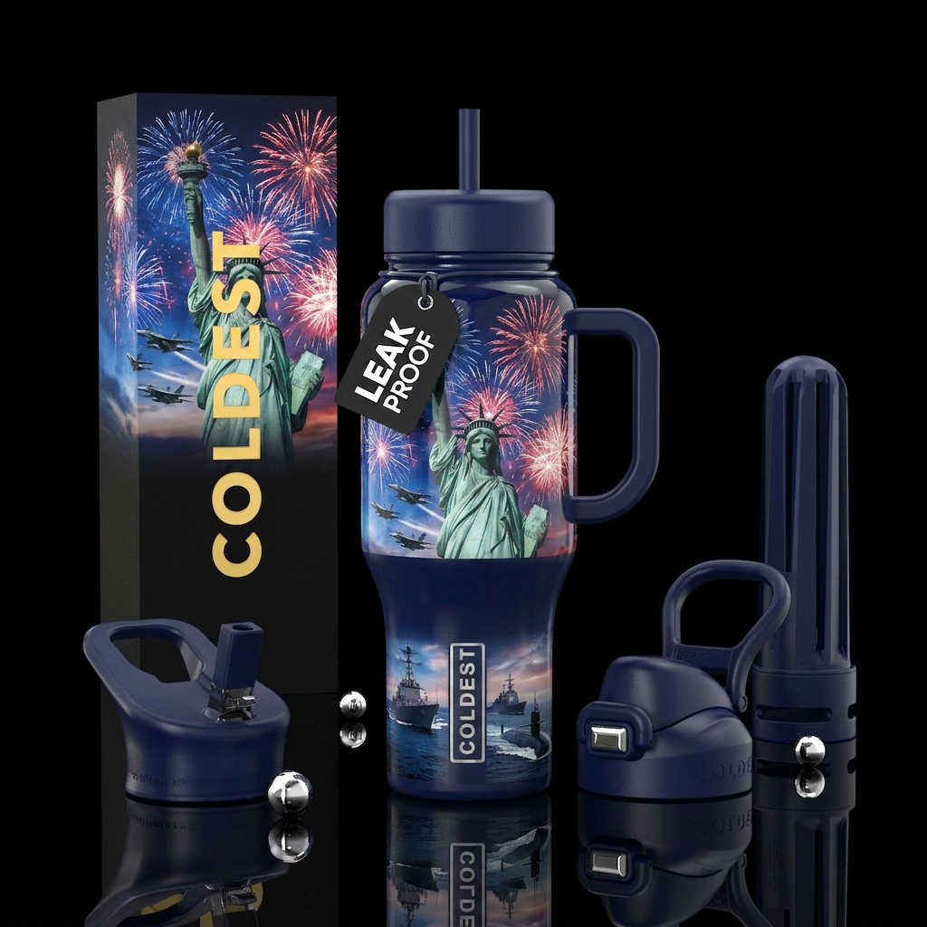 Statue of Liberty, Fireworks, Red-White-Blue,  Fig... water bottle design