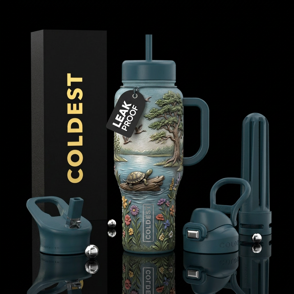 Textured, tree by a lake, turtle resting on a log,... water bottle design