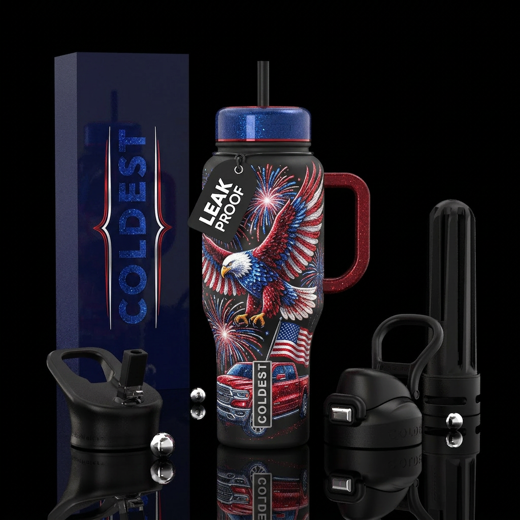 Soaring Red, White, and Blue Eagle, glossy, glitte... water bottle design