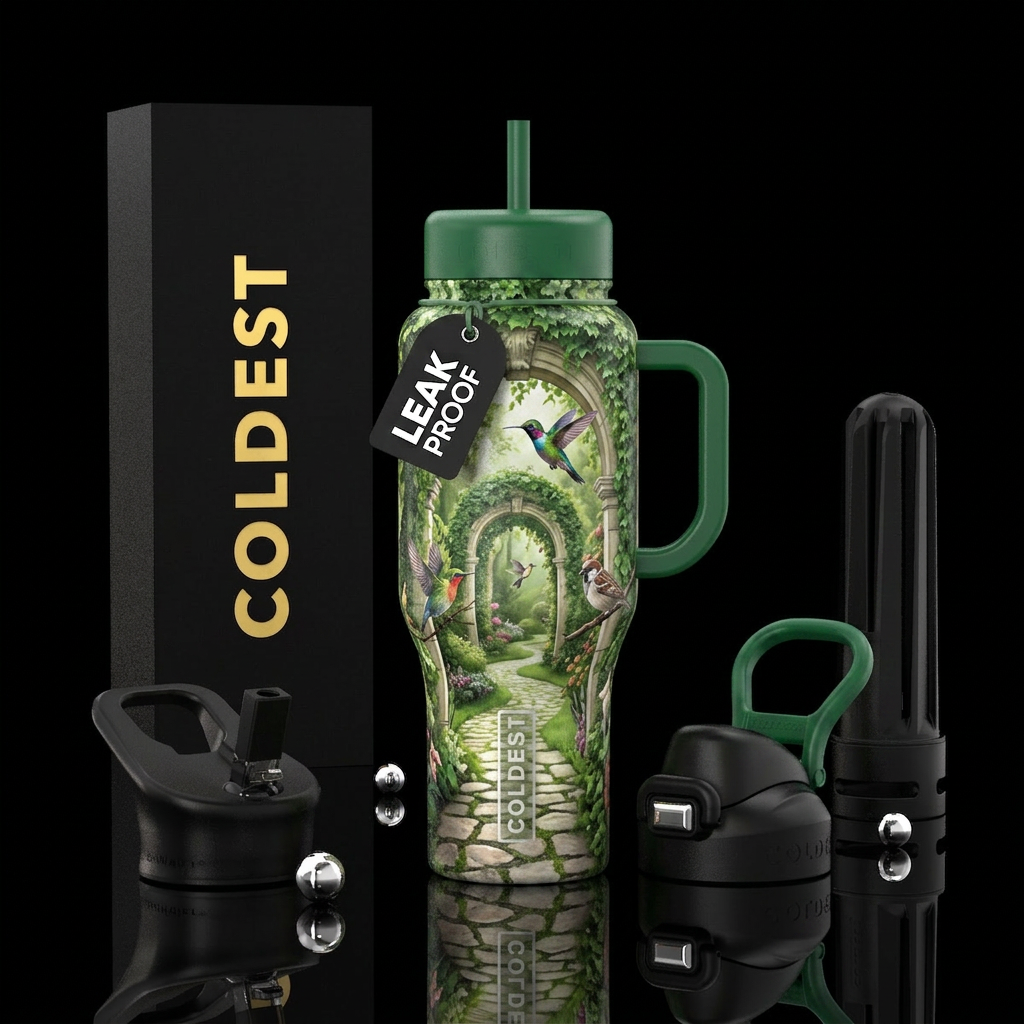 Botanical Gardens, elegant archways, stone path, b... water bottle design