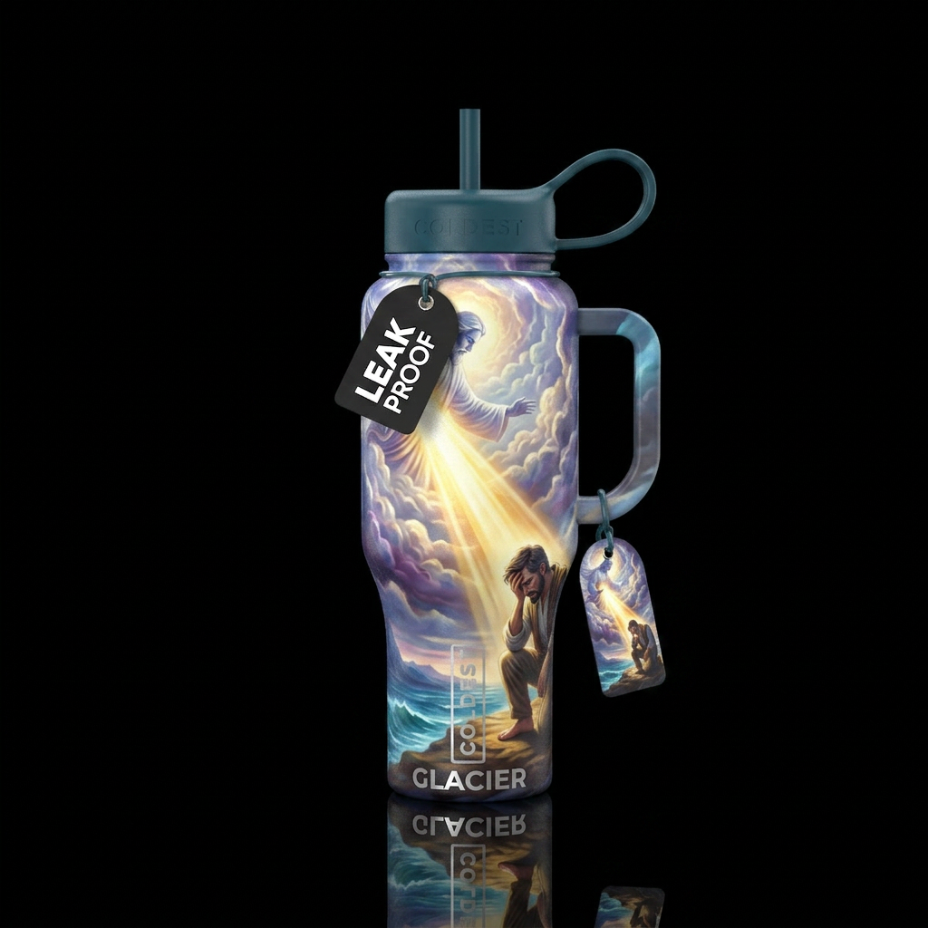 spiritual being separating the clouds, shining a r... water bottle design