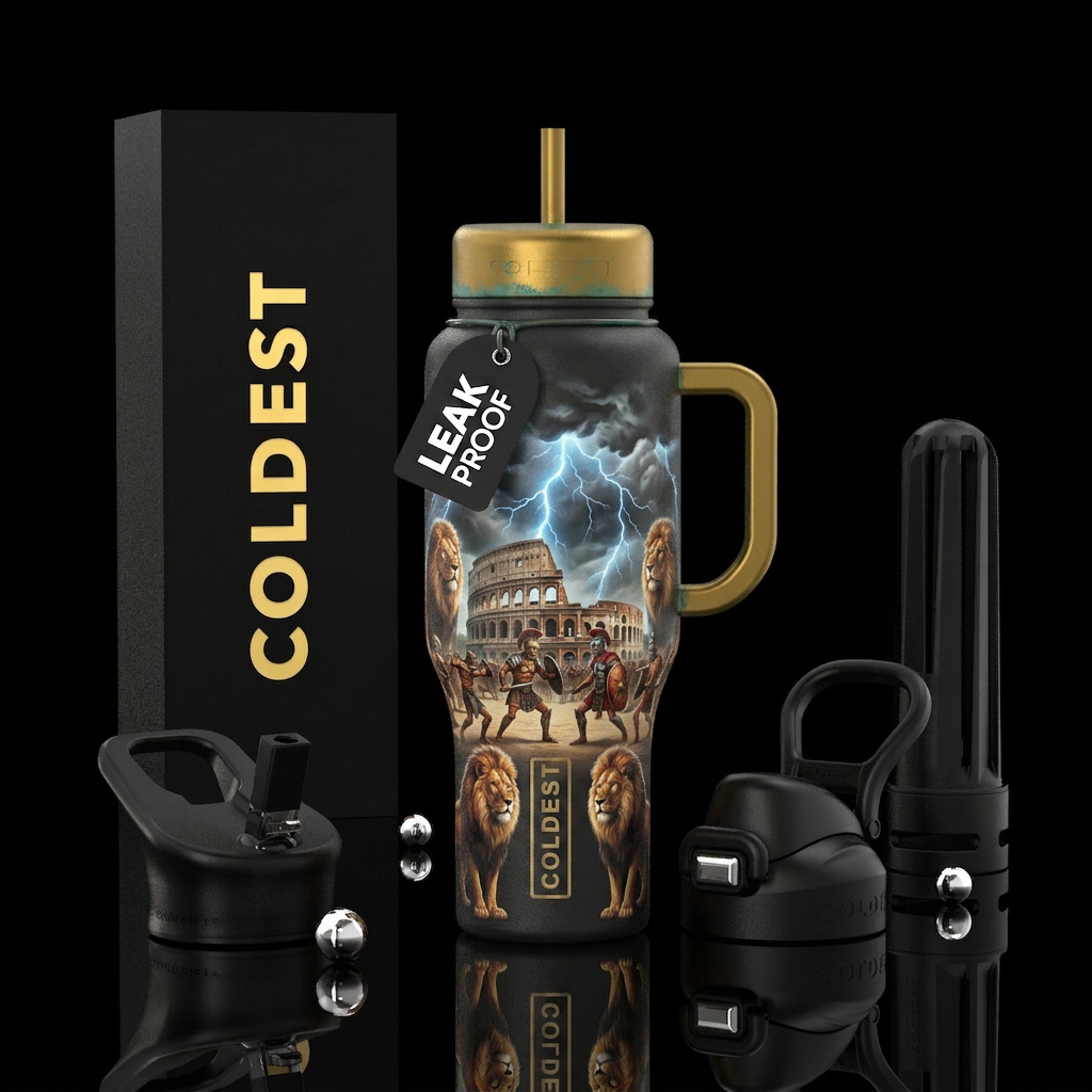 ancient, Rome Colosseums, Warriors in battle, Lion... water bottle design