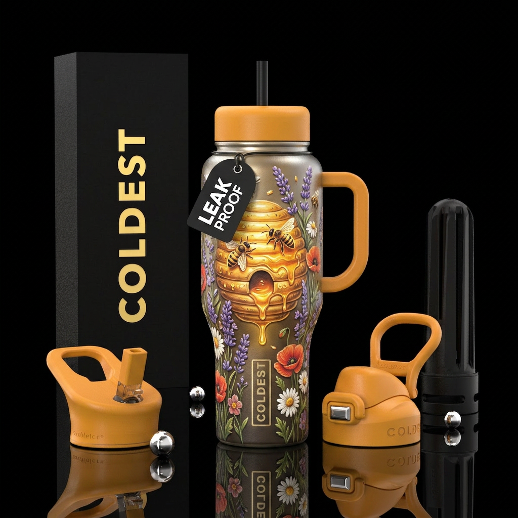 Bee hive, glowing honey bees, golden honey,  Wildf... water bottle design
