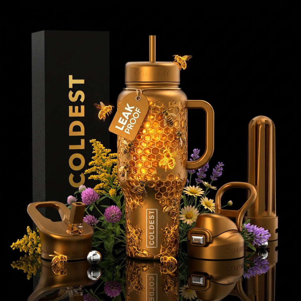Bee hive, glowing honey bees, golden honey,  Wildf... water bottle design