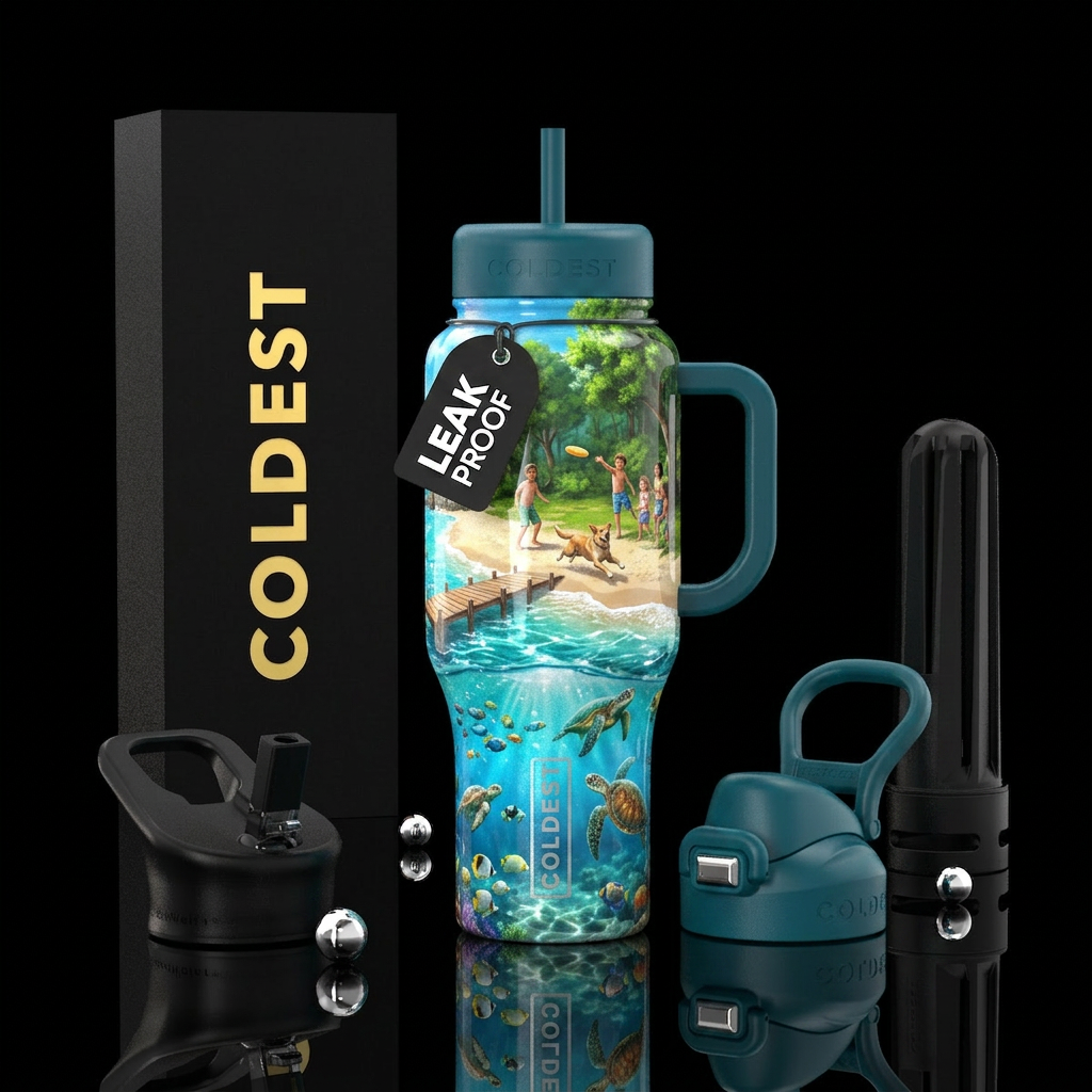 Glossy brilliant ocean water, small schools of fis... water bottle design