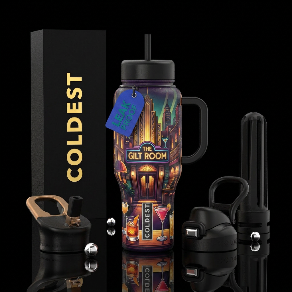 cityscape, SpeakEasy, cocktails, moodlighting water bottle design
