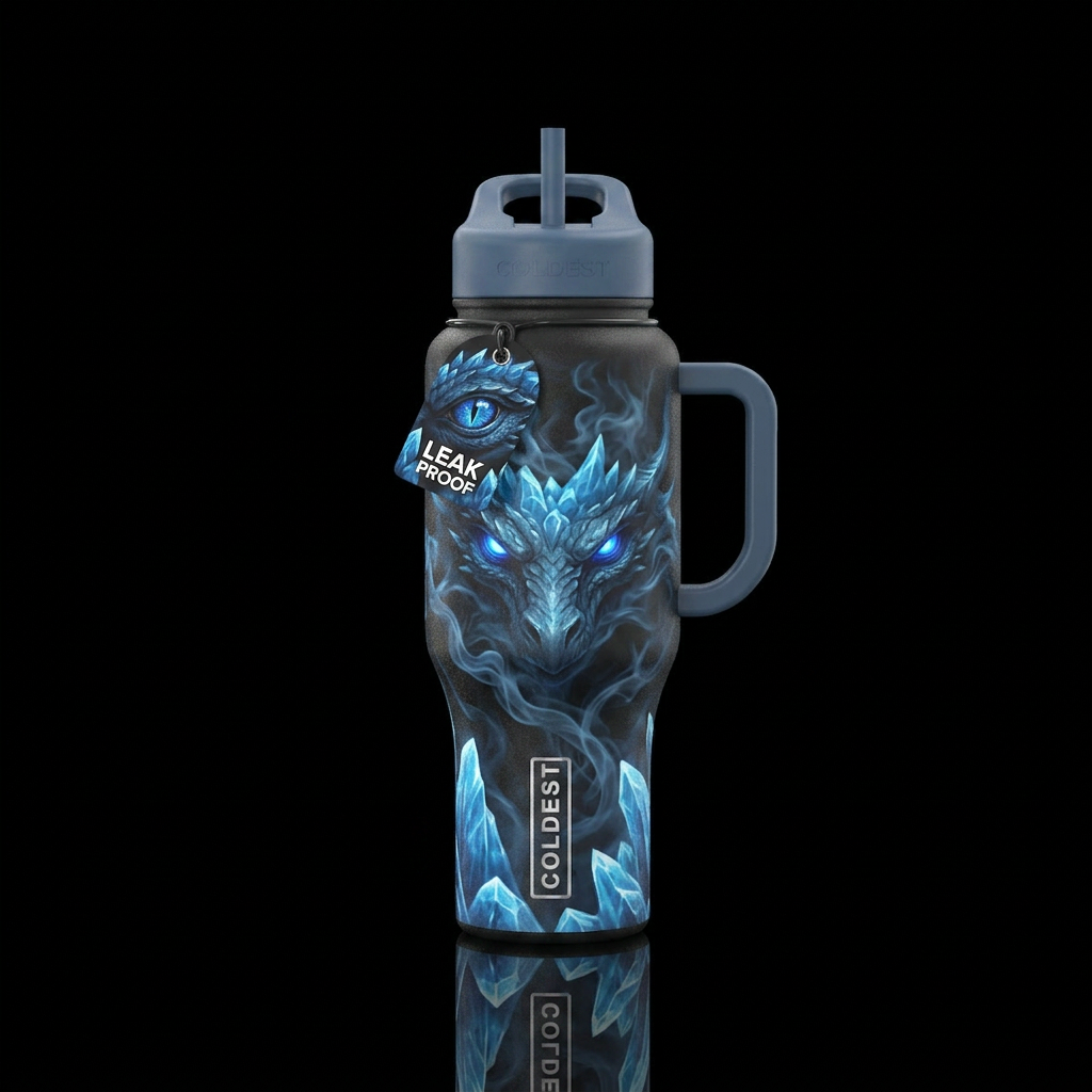 Ice, Blue dragon eyes, smoke, water bottle design
