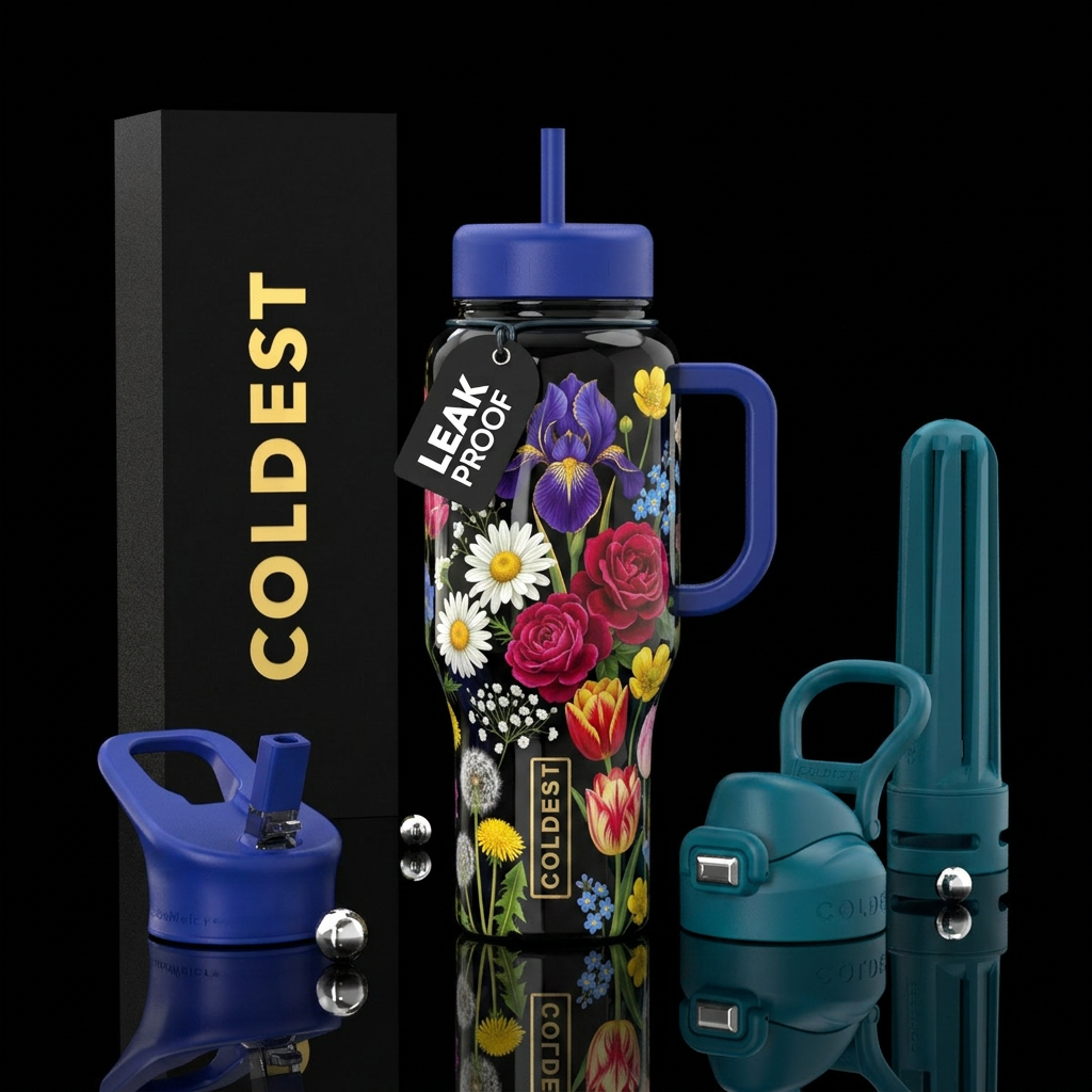sleek glossy black background, vibrant irises, ros... water bottle design