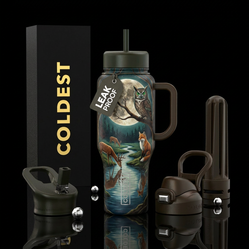 Owl ( bright green eyes ) in a tree under the moon... water bottle design