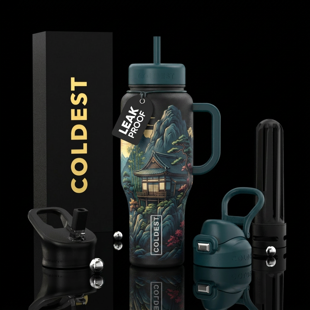 japanese style house on the side of a mountain water bottle design
