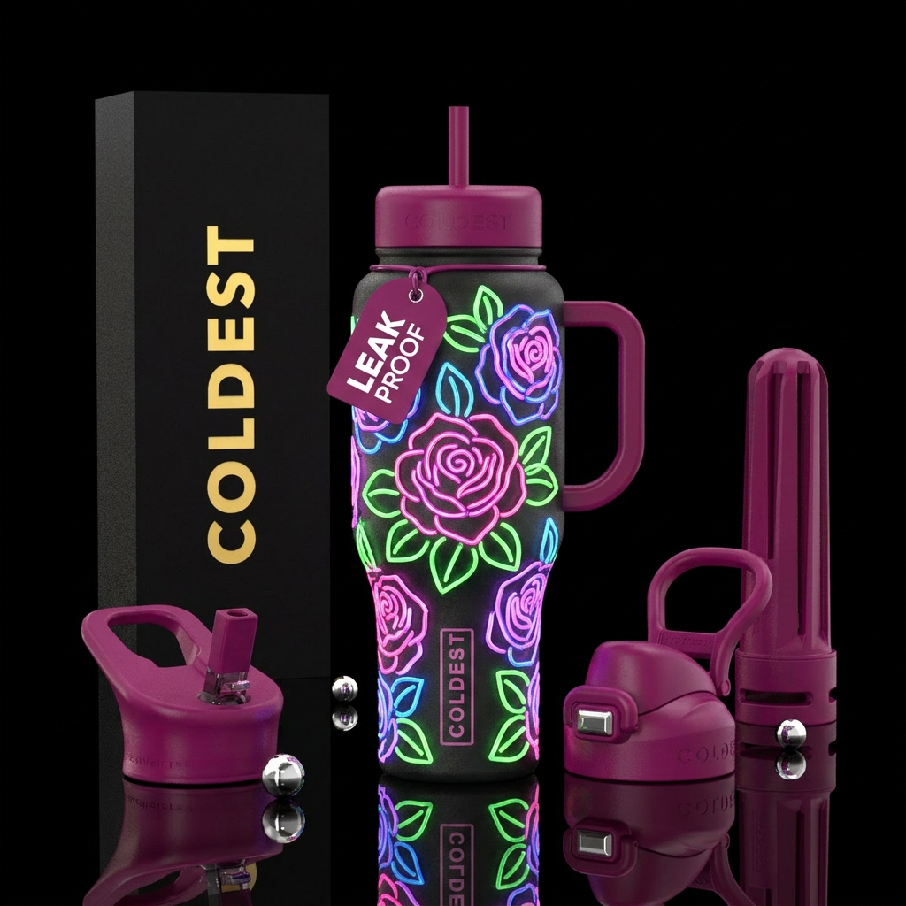 neon sign roses water bottle design