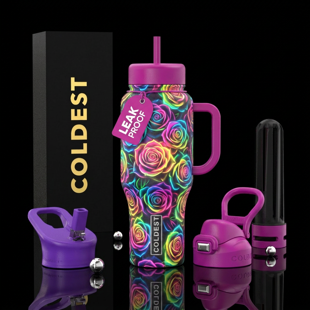 neon roses colorful water bottle design