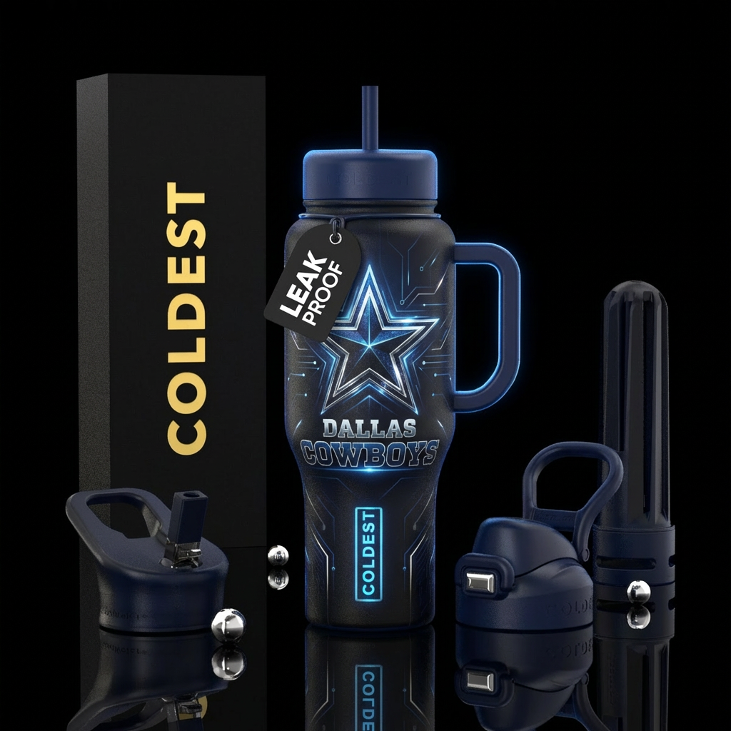 Dallas Cowboys logo, modern, dark mood, glowie water bottle design