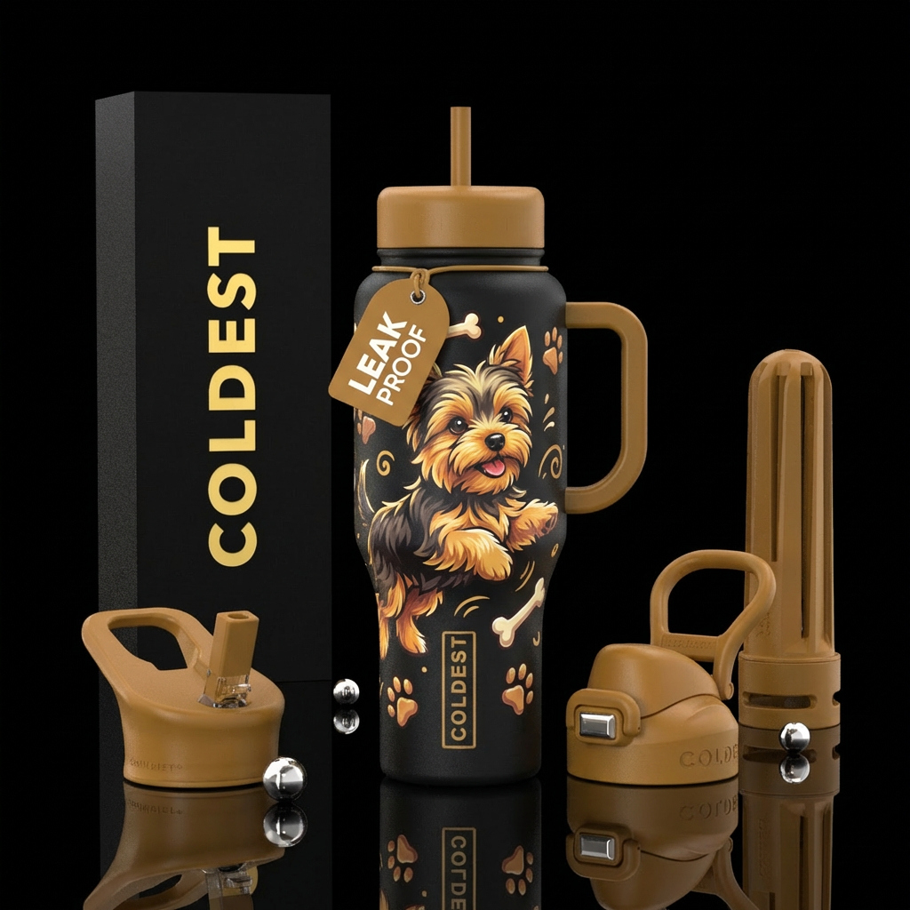 Please create a design using a cute Yorkie Terrier... water bottle design