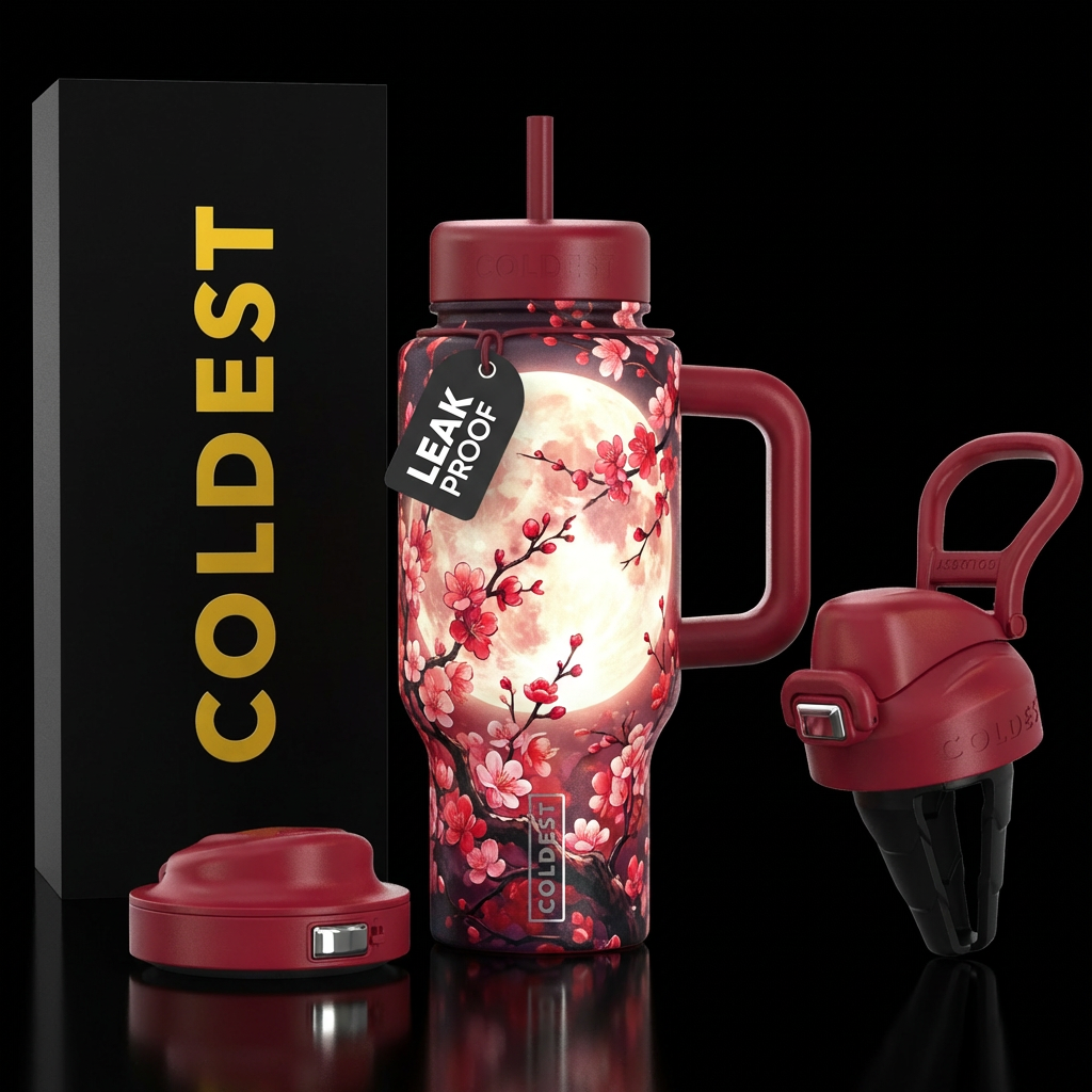 Asian style cherry blossoms with a full moon behin... water bottle design