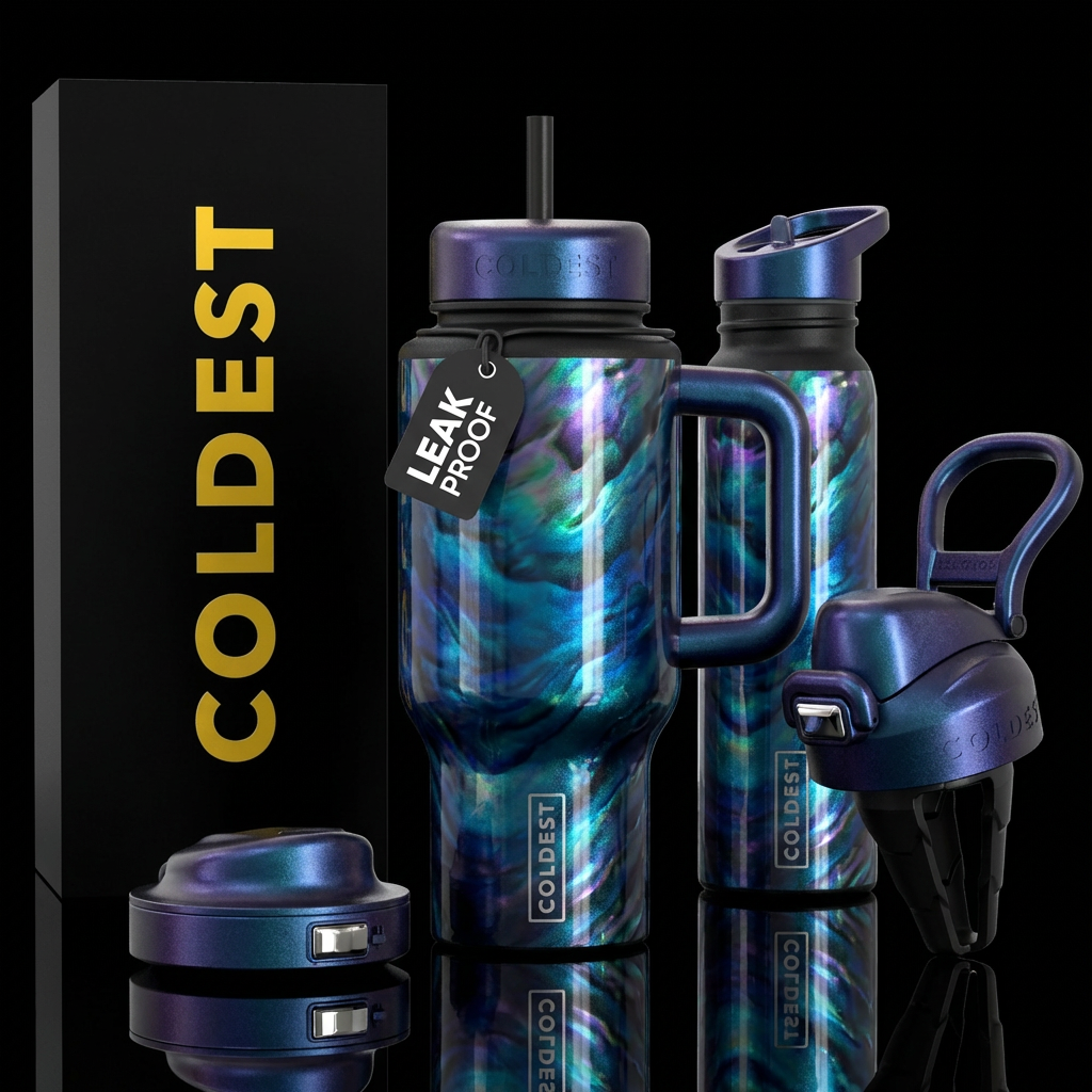 ocean, irridescent, vibrant, realism water bottle design