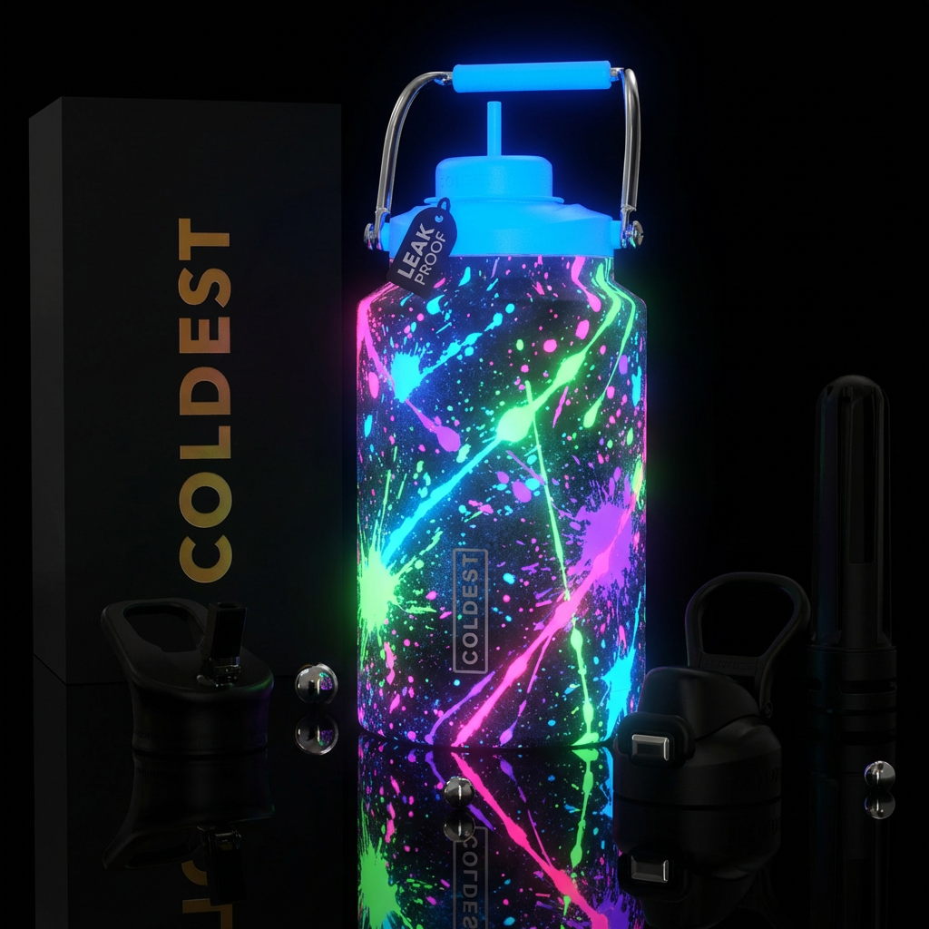 splatter, vibrant, glowie water bottle design