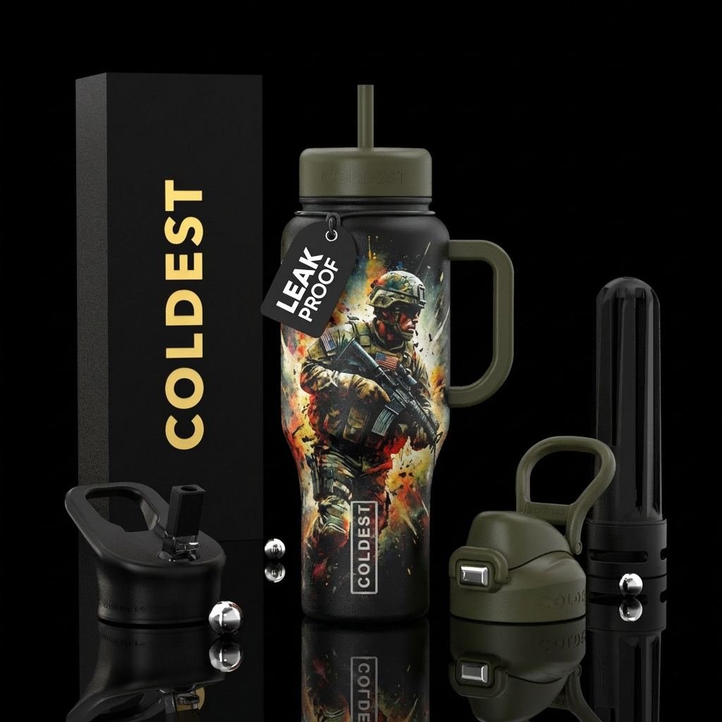 American soldier, grunge, modern, explosive, reali... water bottle design