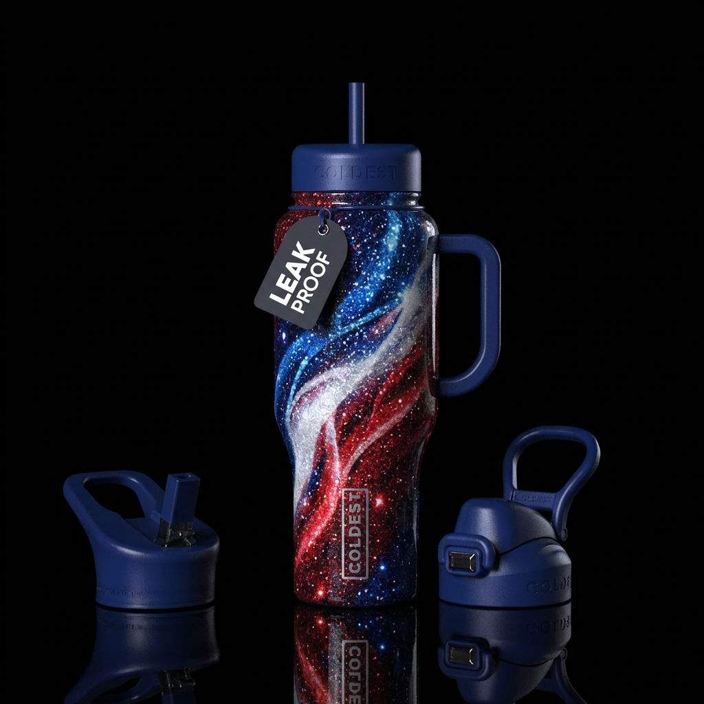 Patriotic, shiny, dark mood, sparkly, abstract water bottle design
