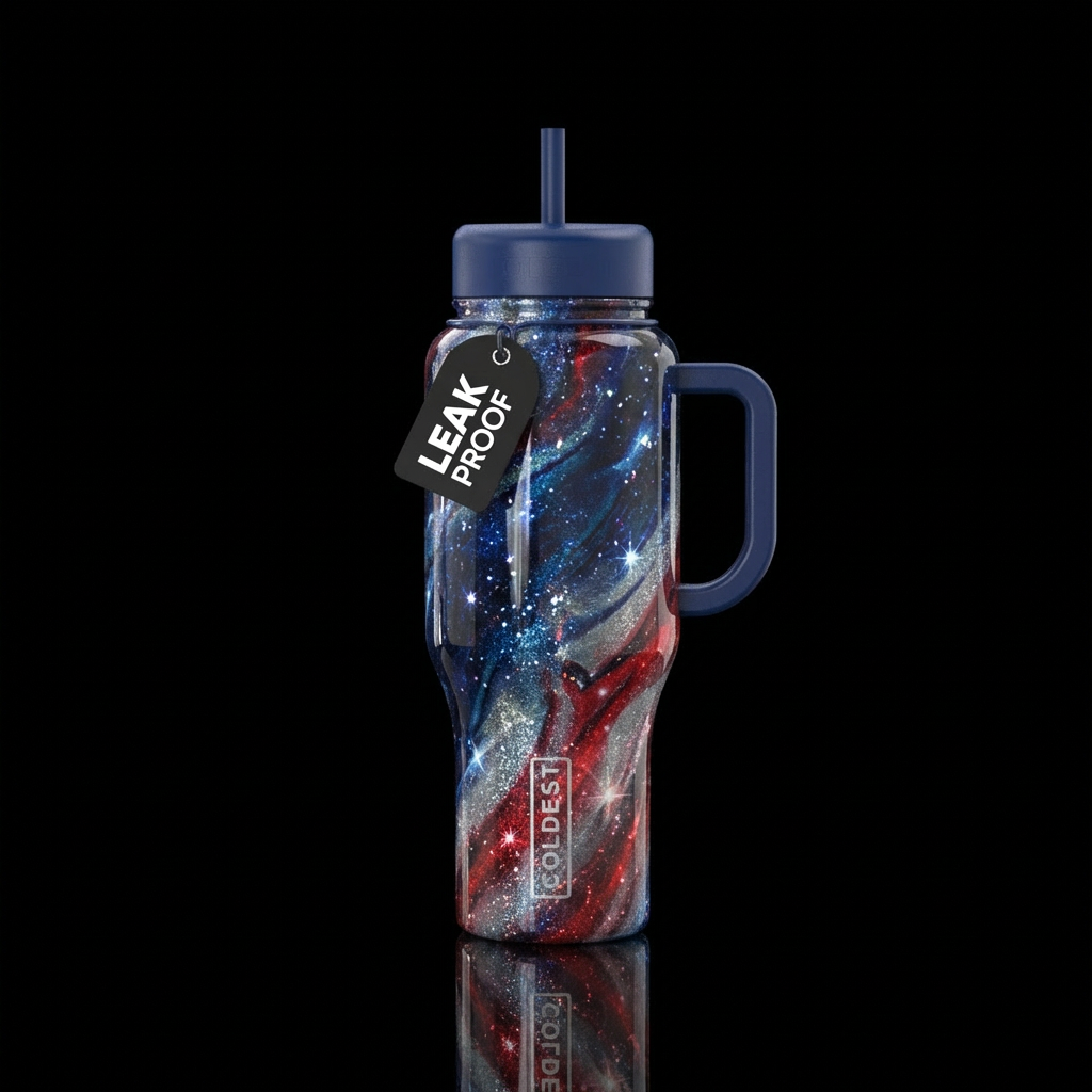 Patriotic, shiny, dark mood, sparkly, abstract water bottle design