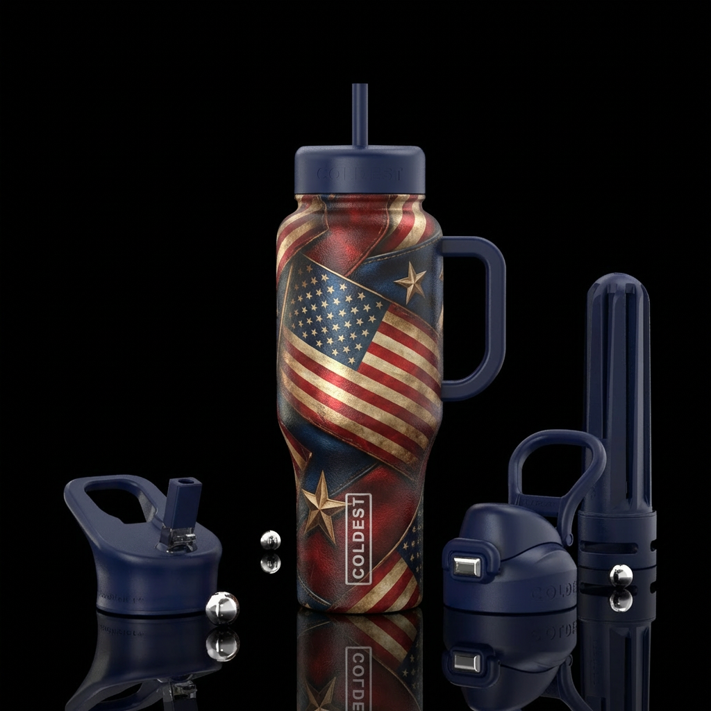 red white and blue colors, vintage, luxurious water bottle design