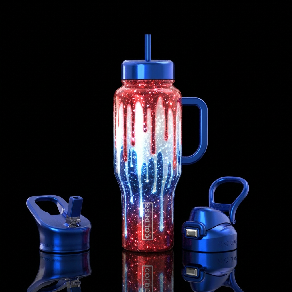 dripping, glowie, red white and blue, blue lids an... water bottle design