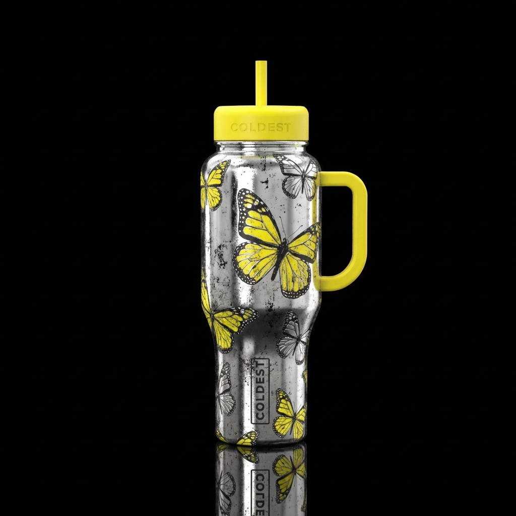 gritty, butterfly, grunge, chrome, yellow lids and... water bottle design