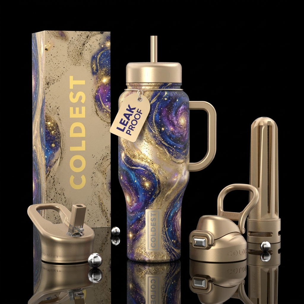 divine, maximalist, champagne color, starry night water bottle design