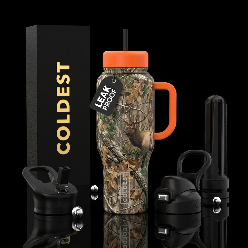 hunting, hunter orange lids and handle, real tree ... water bottle design