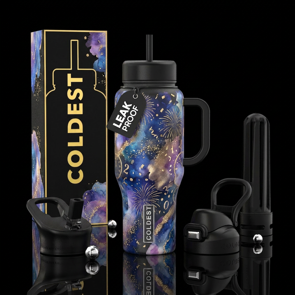 stylistic, luxurious, abstract New Years Day patte... water bottle design