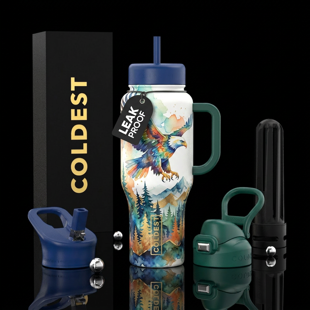 modern, eagle, forest, vibrant, watercolor water bottle design