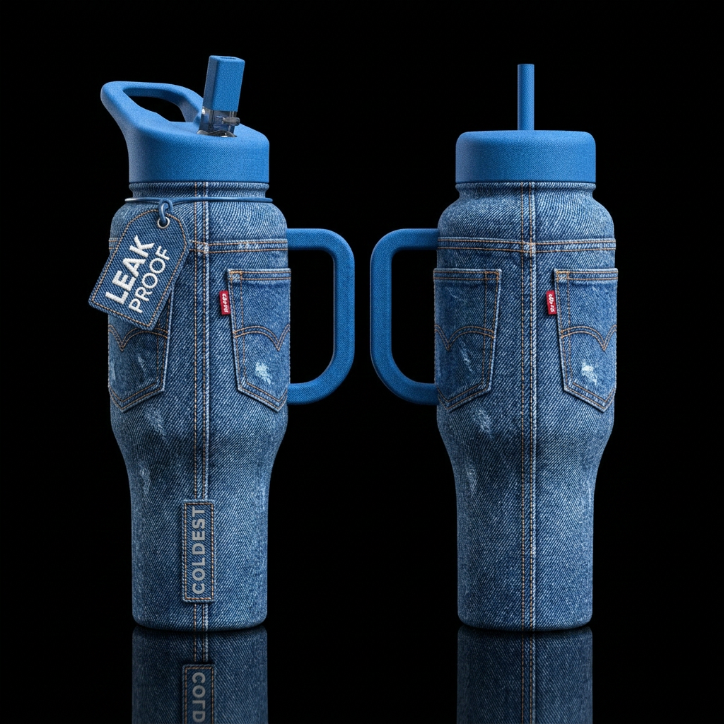 fabric, denim, stitching and pockets, blue lids an... water bottle design