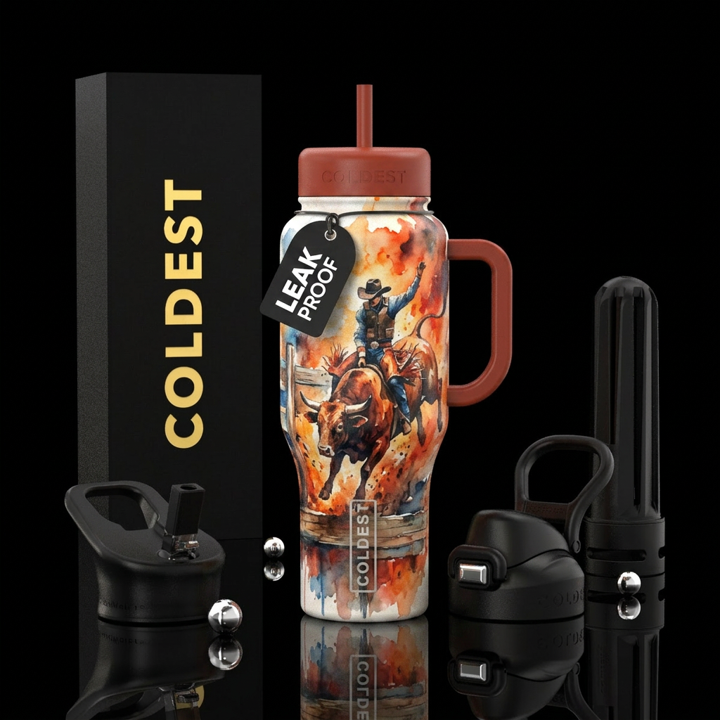 bull riding, rugged, fiery, rustic, watercolor water bottle design
