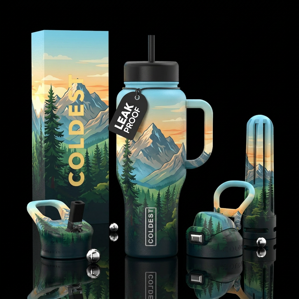dip dye, forest, mountains, flat appearance water bottle design